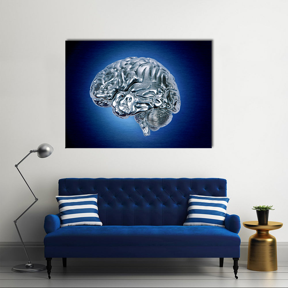 Chrome Brain Profile Canvas Wall Art in black, silver and blue, single panel hung on a wall