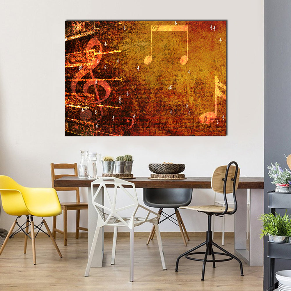 Grunge Music Notes with Golden-orange Glow Canvas Wall Art in brown, gold and orange, single panel hung on a wall
