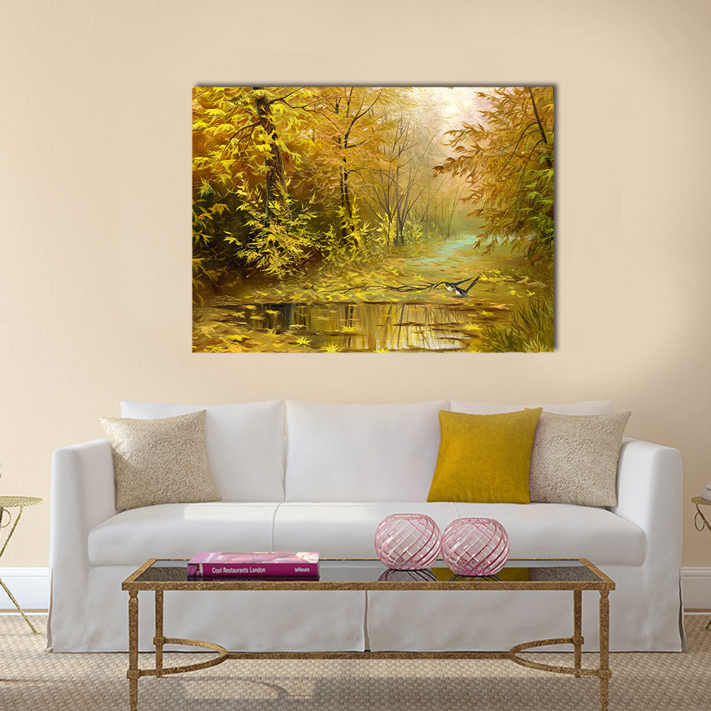 Golden Autumn Forest with Reflecting Puddle Canvas Wall Art in brown, gold and yellow, single panel hung on a wall