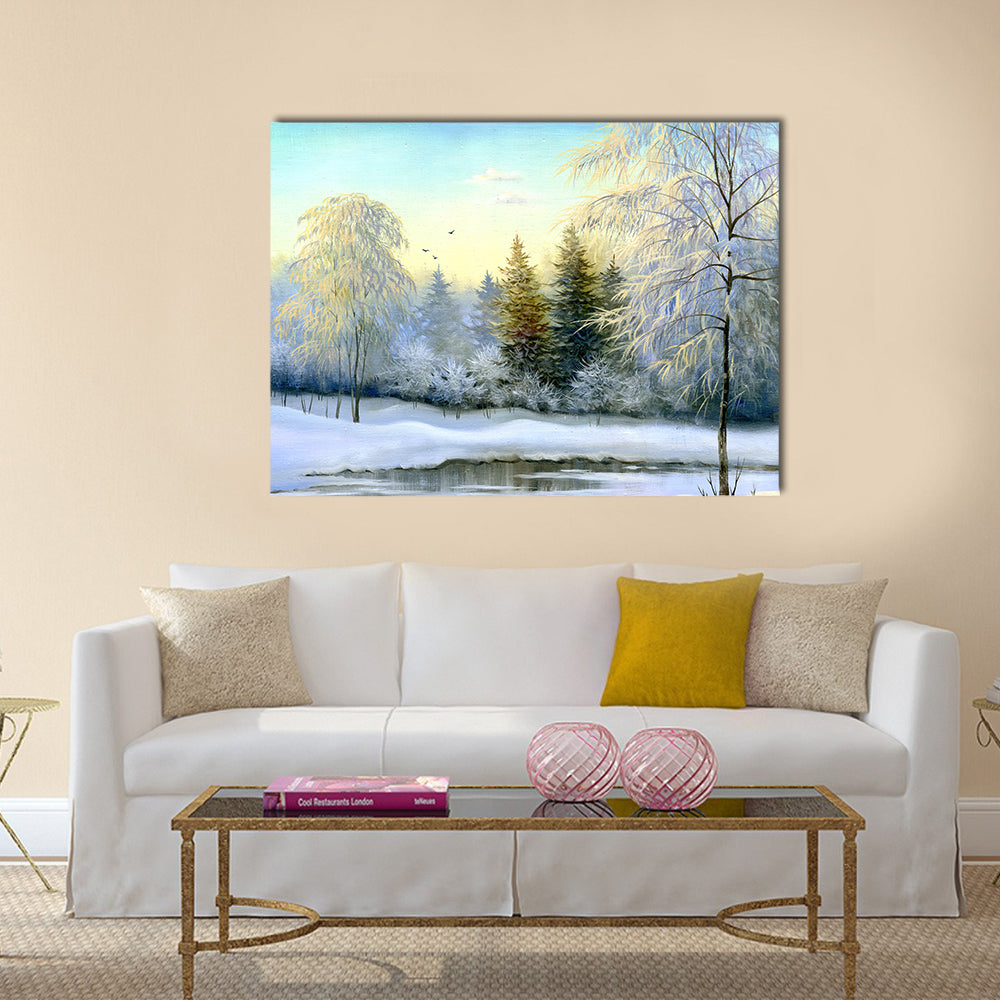 Snow-covered Forest and Frozen River Canvas Wall Art in white, yellow and blue, single panel hung on a wall