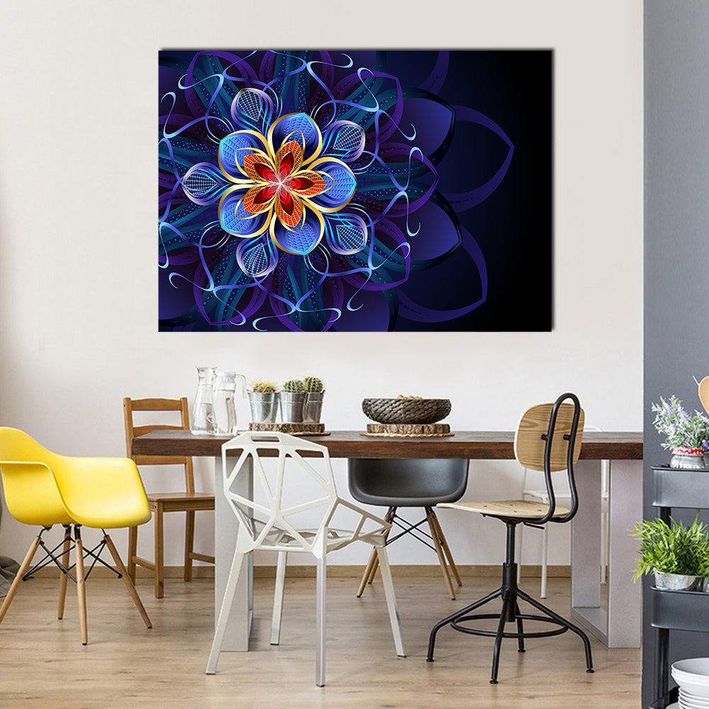 Navy Blue Geometric Flower Mandala Canvas Wall Art in blue, navy and purple, single panel hung on a wall