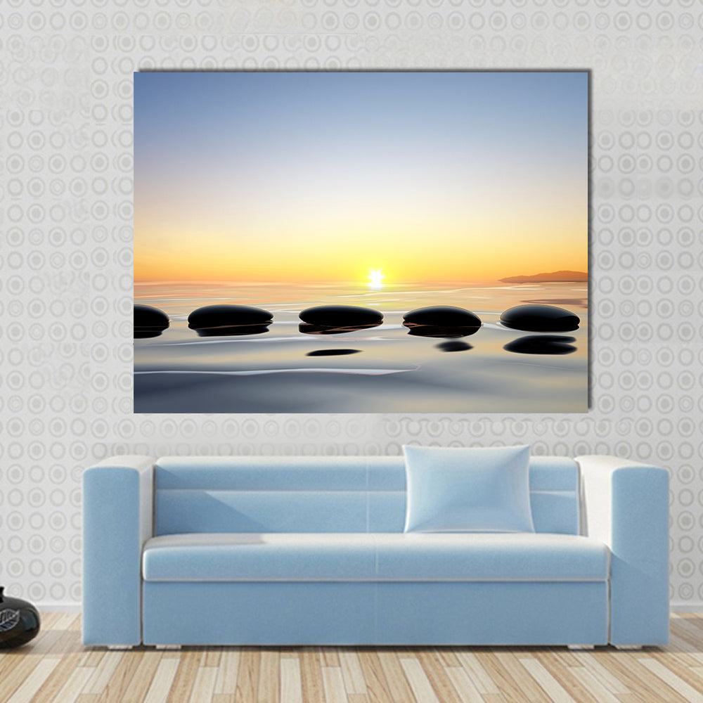 Zen Stones on Calm Lake Canvas Wall Art in gray, yellow and blue, single panel hung on a wall