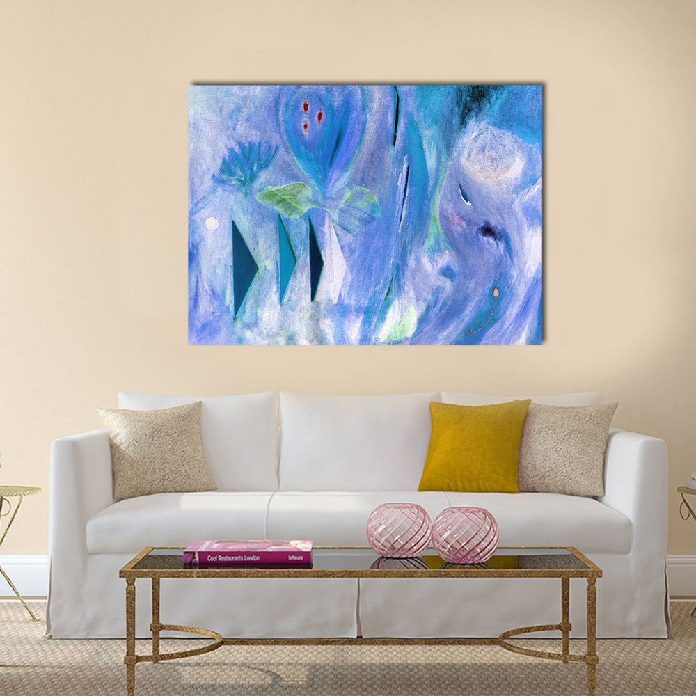 Dreamlike Blue Abstract with Stylized Face Canvas Wall Art
