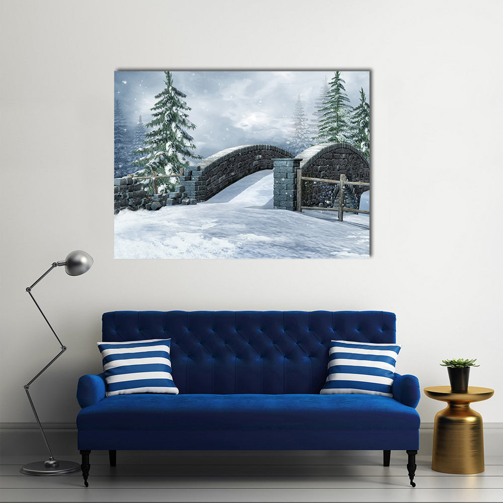 Stone Bridge on a Winter Meadow Canvas Wall Art in white, gray and blue, single panel hung on a wall