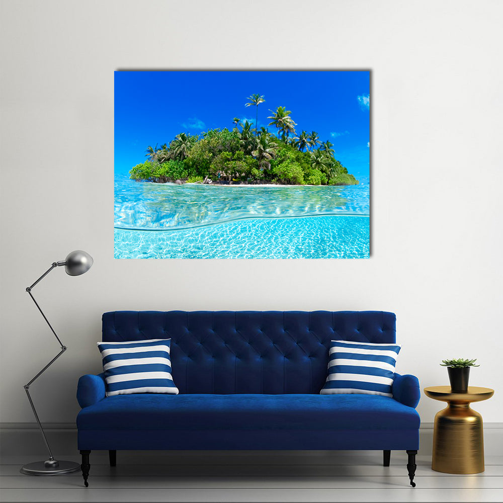 Split-level Tropical Island Canvas Wall Art in green and blue, single panel hung on a wall