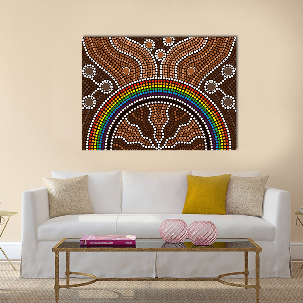 Aboriginal Rainbow Dot Painting Canvas Wall Art in brown and multicolor, single panel hung on a wall