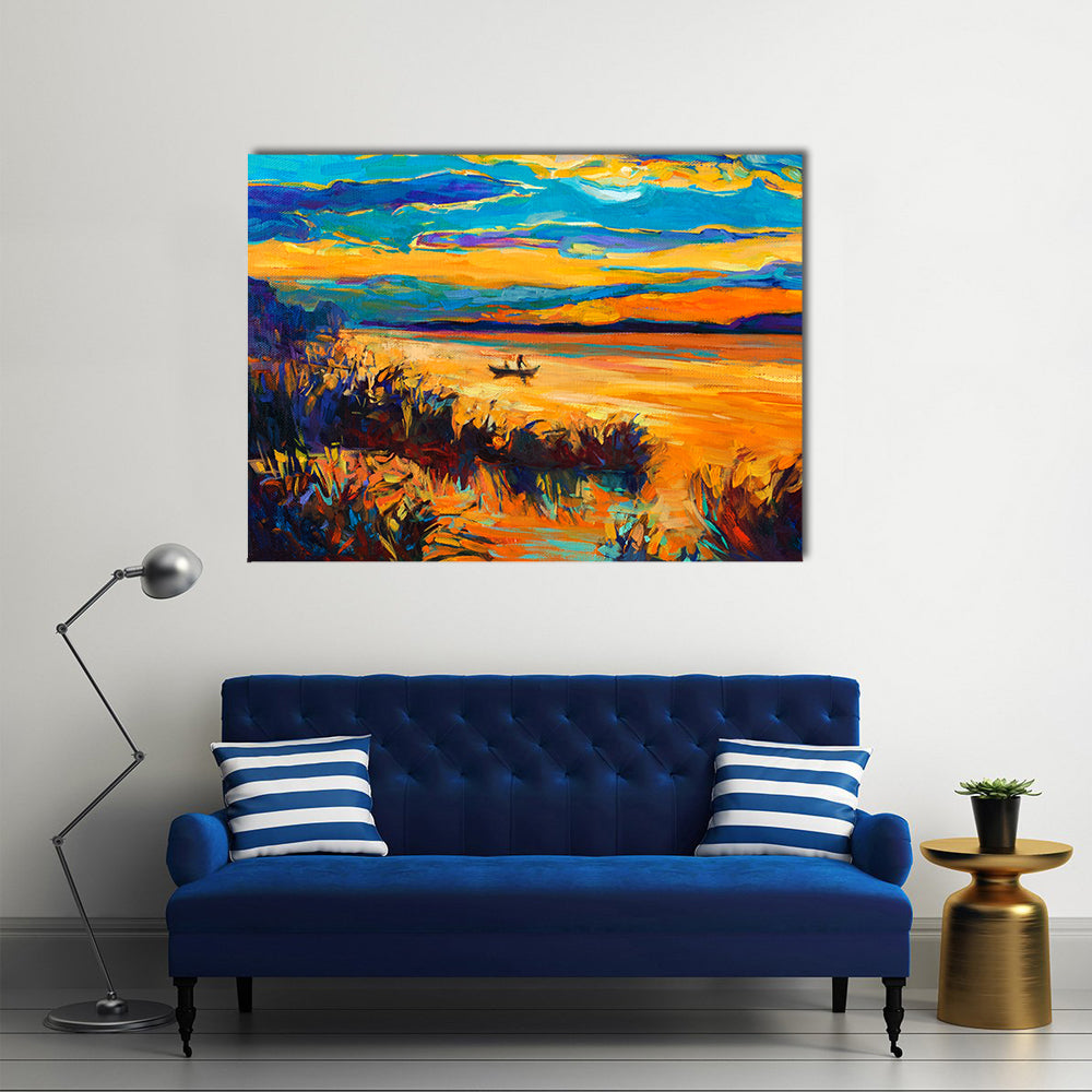 Rowboat on Lake at Sunset Canvas Wall Art
