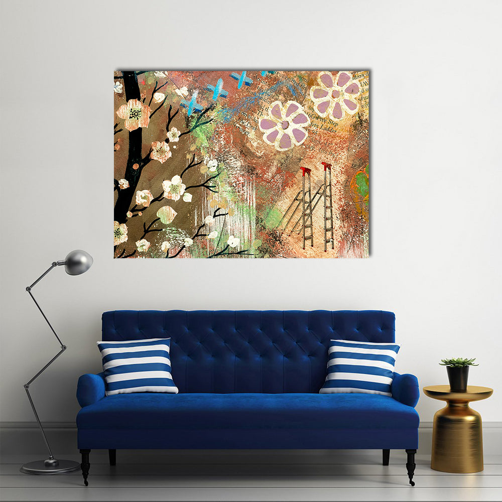 Vintage Cherry Blossom Collage Canvas Wall Art in beige, brown and pink, single panel hung on a wall