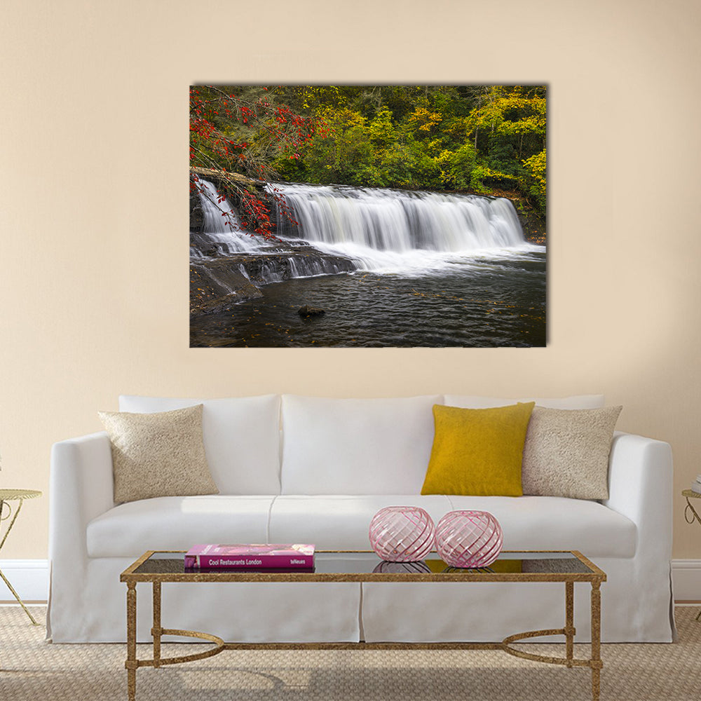 Dupont State Forest Waterfall Canvas Wall Art in white, gray and green, single panel hung on a wall