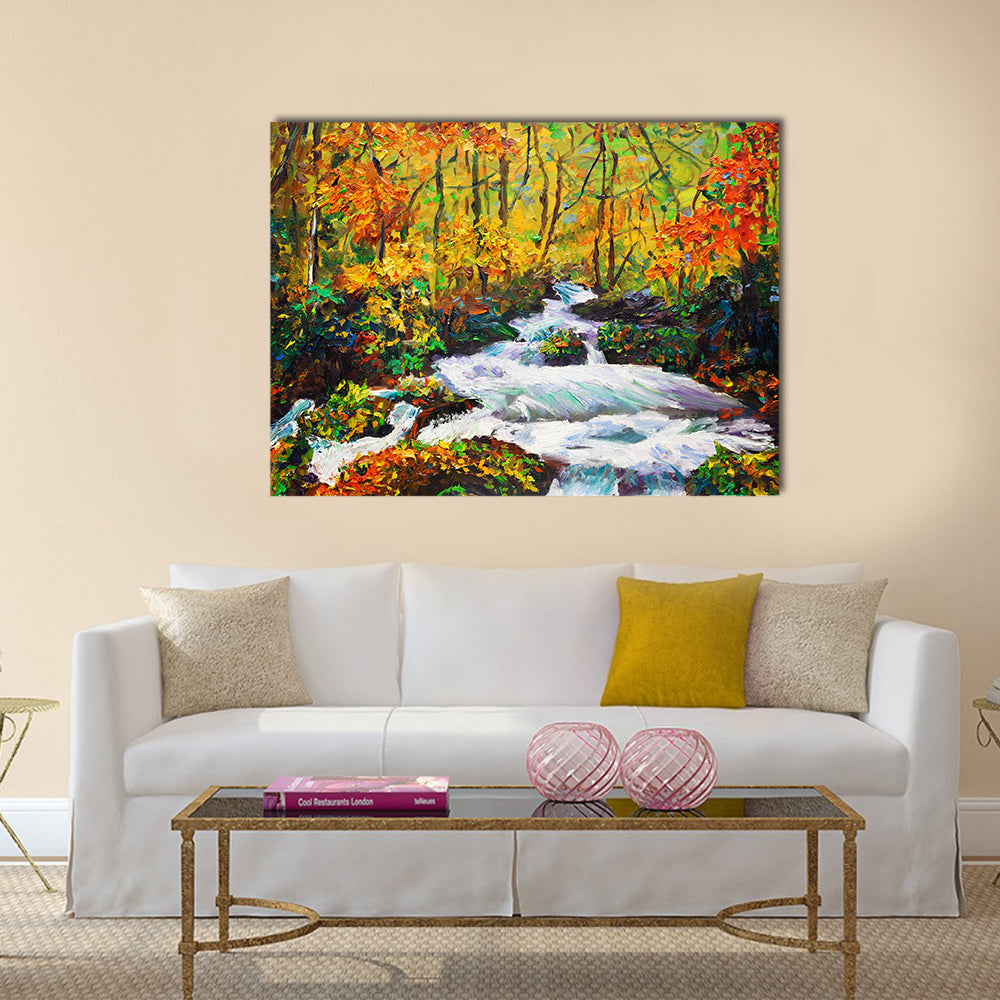 Autumn Maple Waterfall Canvas Wall Art in orange, yellow and green, single panel hung on a wall