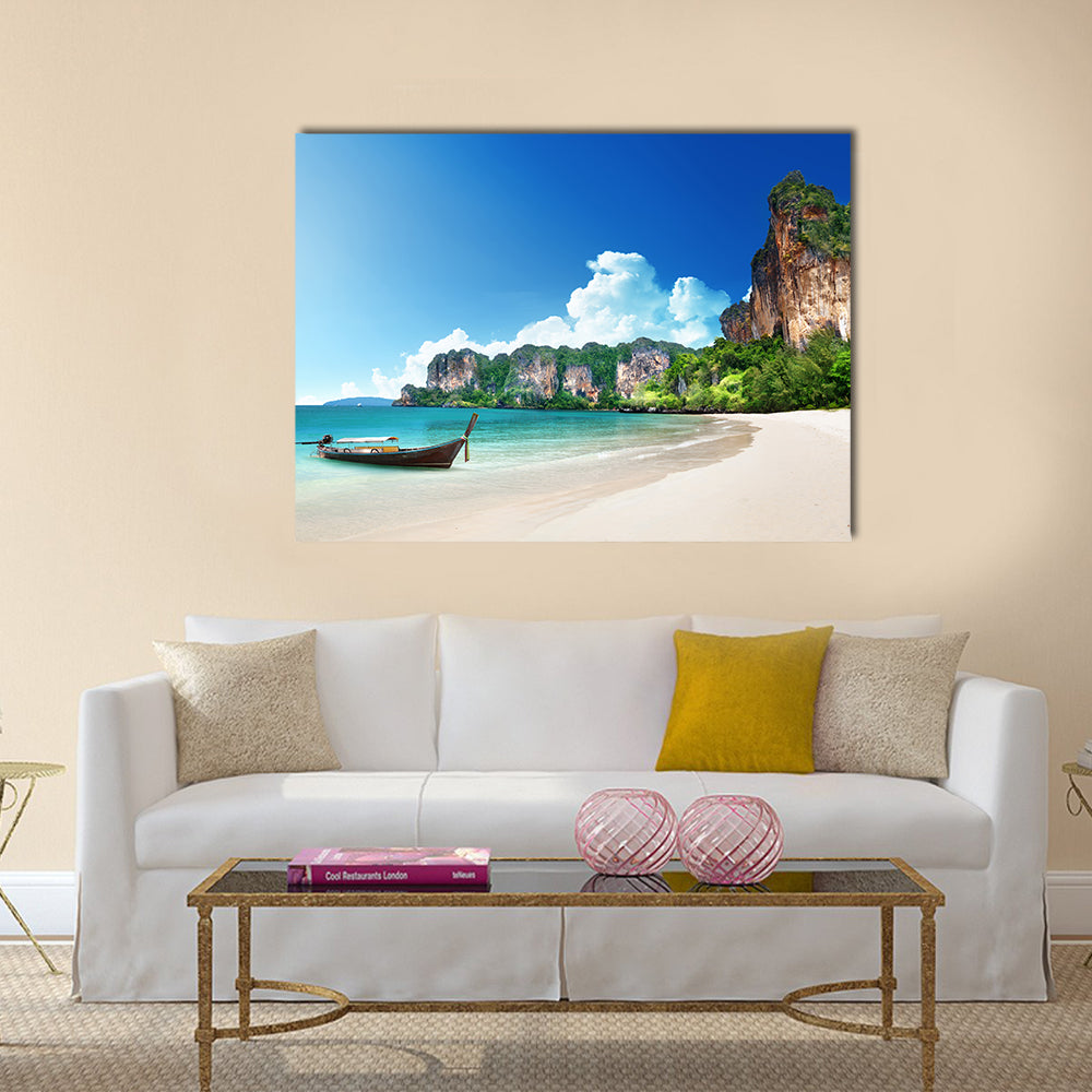 Railay Beach In Krabi Thailand Canvas Wall Art in white, green and blue, single panel hung on a wall
