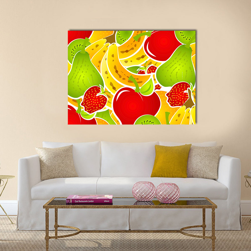 Healthy Fruit Illustration Canvas Wall Art in red, yellow and green, single panel hung on a wall