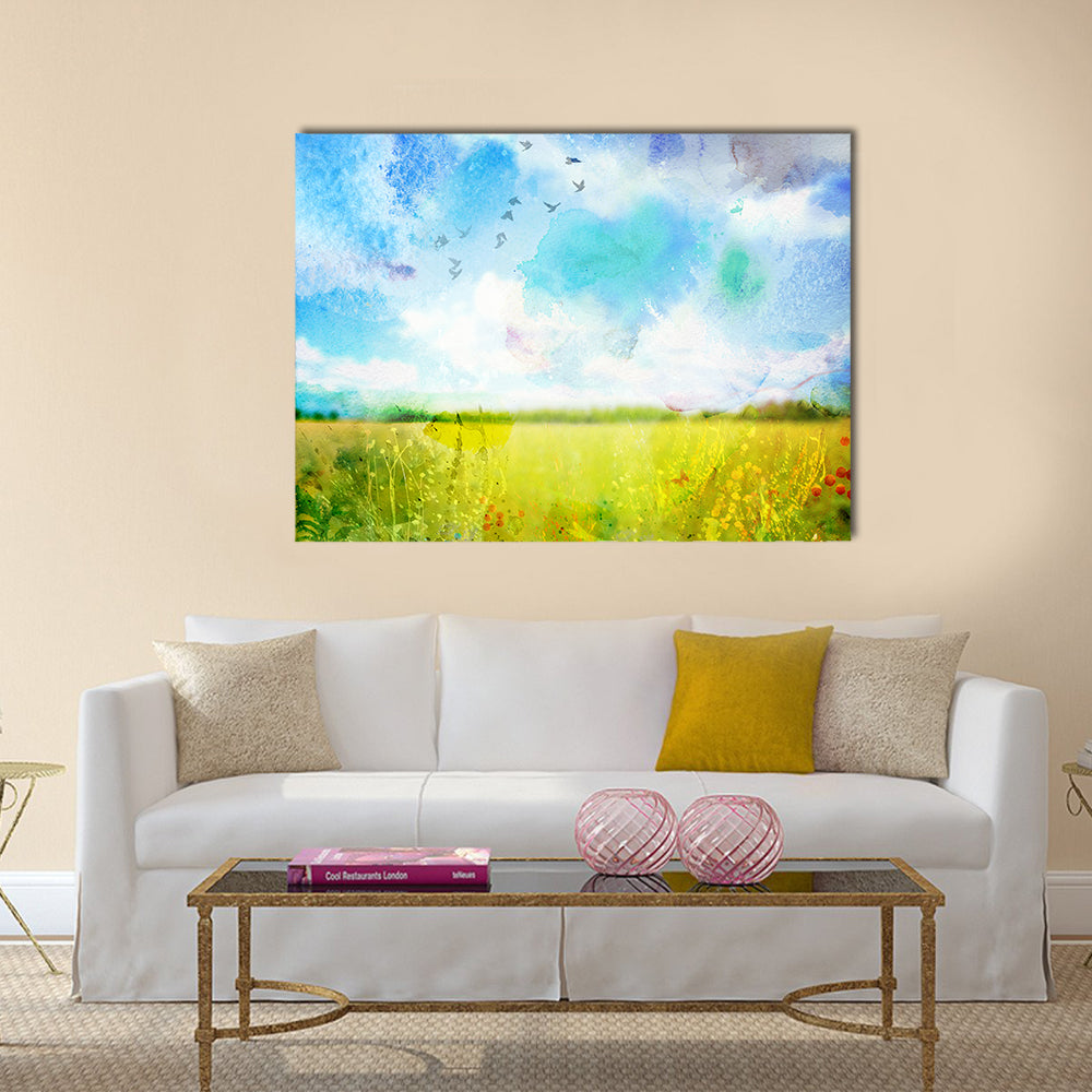 Village Meadow Watercolor Landscape Canvas Wall Art