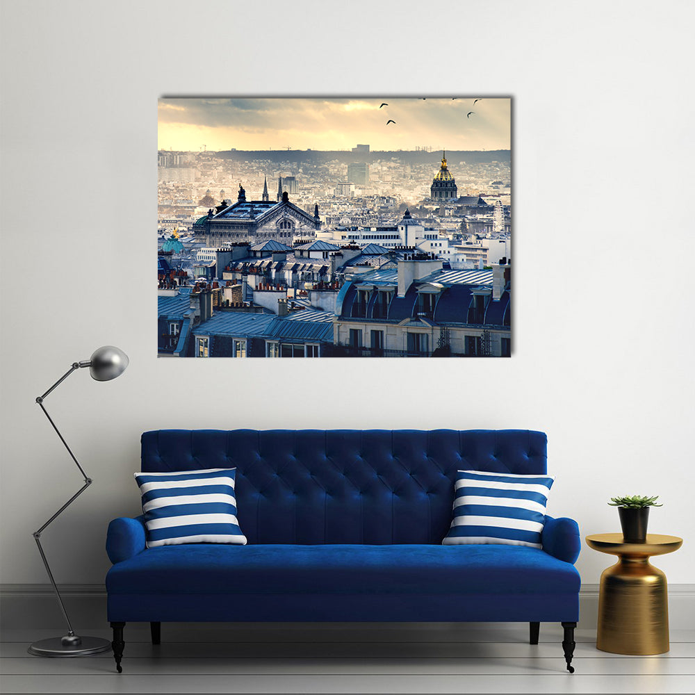Paris Cityscape Canvas Wall Art in gray, yellow and blue, single panel hung on a wall