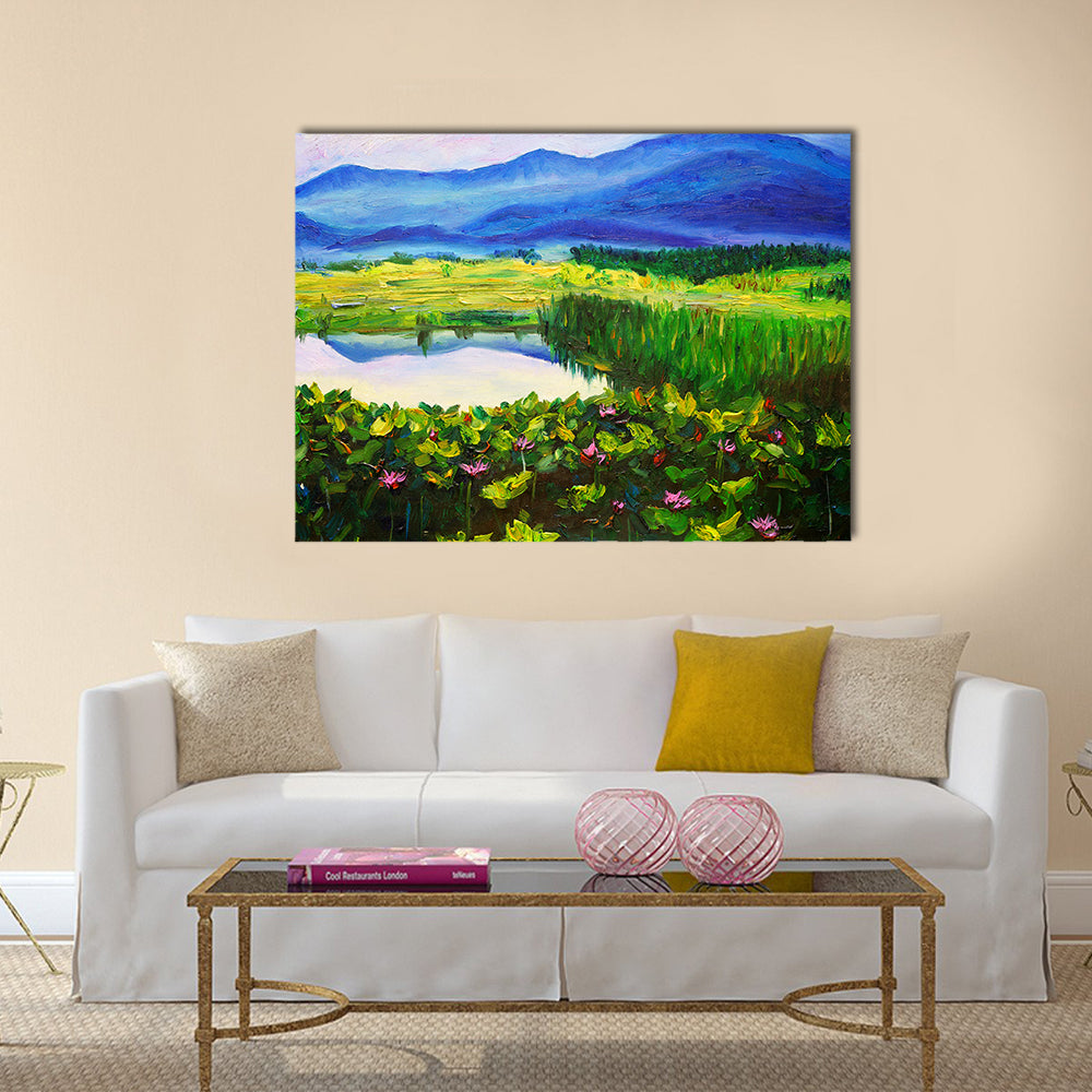 Summer Mountain Lake with Lotus Canvas Wall Art in yellow, green and blue, single panel hung on a wall