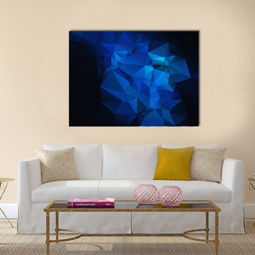 Blue Low-poly Geometric Artwork Canvas Wall Art in black and blue, single panel hung on a wall
