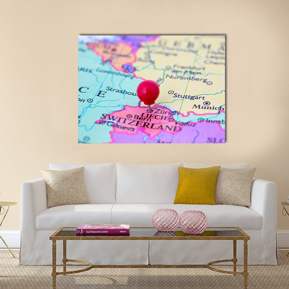 Red Pushpin on Map of Switzerland Canvas Wall Art in red, blue and pink, single panel hung on a wall