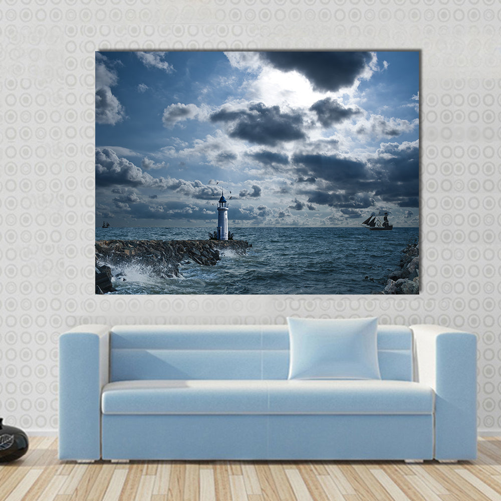Stormy Sea Lighthouse Canvas Wall Art in white, gray and blue, single panel hung on a wall