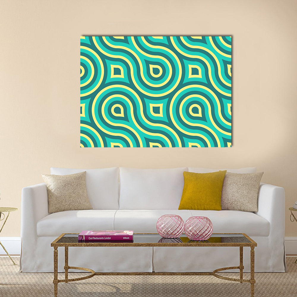 Retro Teal Geometric Pattern Canvas Wall Art in yellow, green and blue, single panel hung on a wall