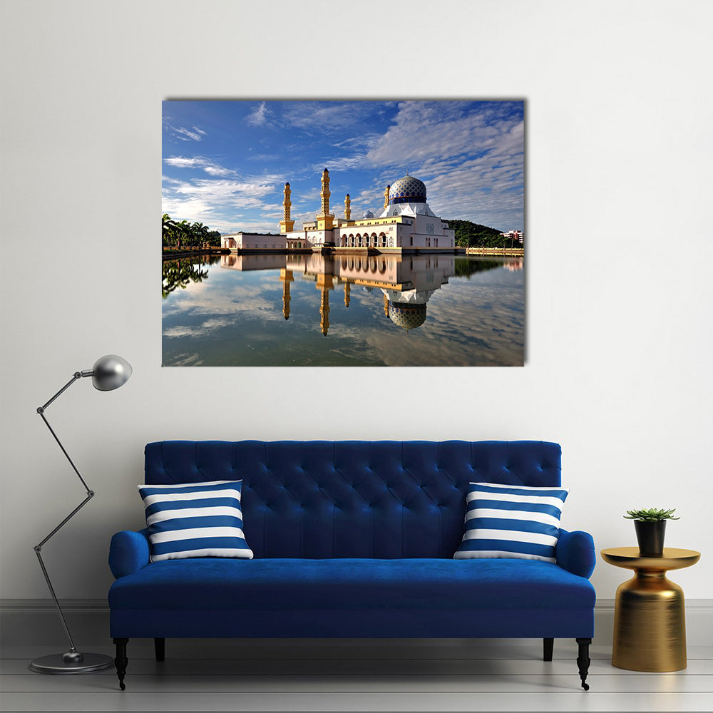 Floating City Mosque In Kota Kinabalu Sabah Borneo Canvas Wall Art in white and blue, single panel hung on a wall