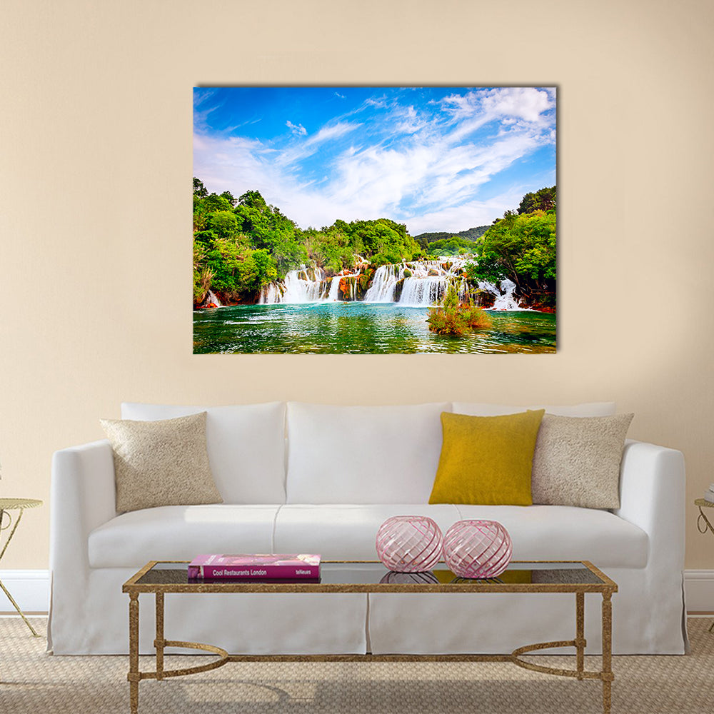 Waterfall In Krka National Park Canvas Wall Art in white, green and blue, single panel hung on a wall