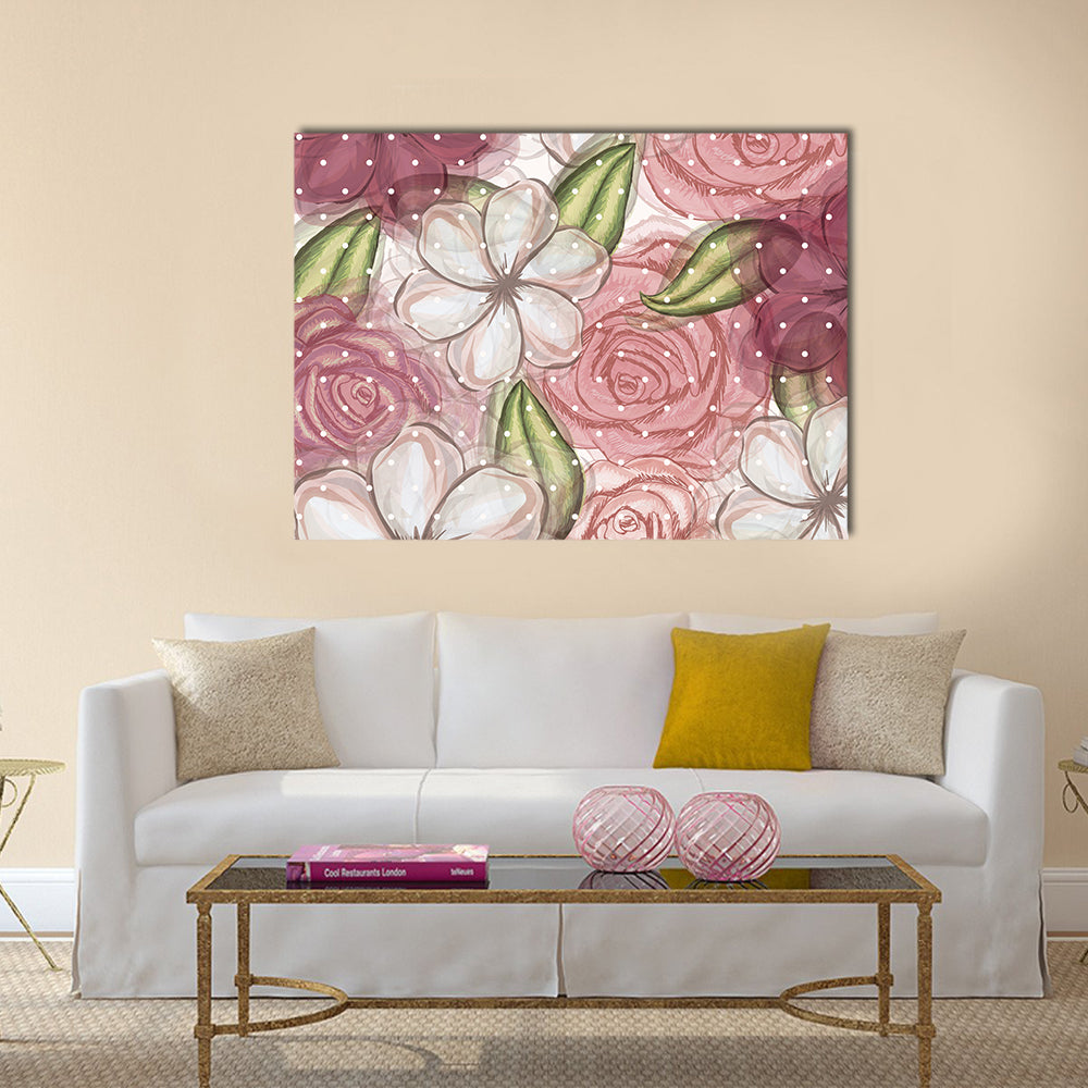 Pink Roses and White Blossoms Pattern Canvas Wall Art in white, green and pink, single panel hung on a wall