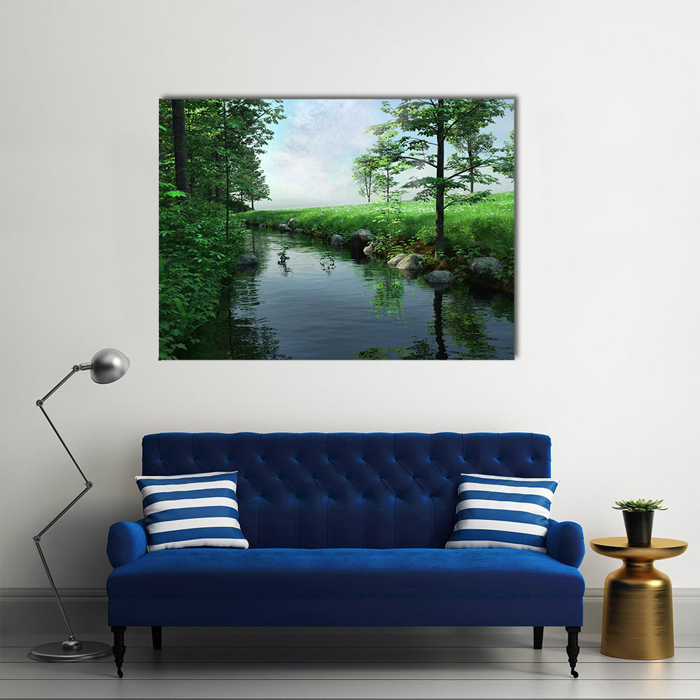 Green Meadow by a Winding Stream Canvas Wall Art in green and blue, single panel hung on a wall
