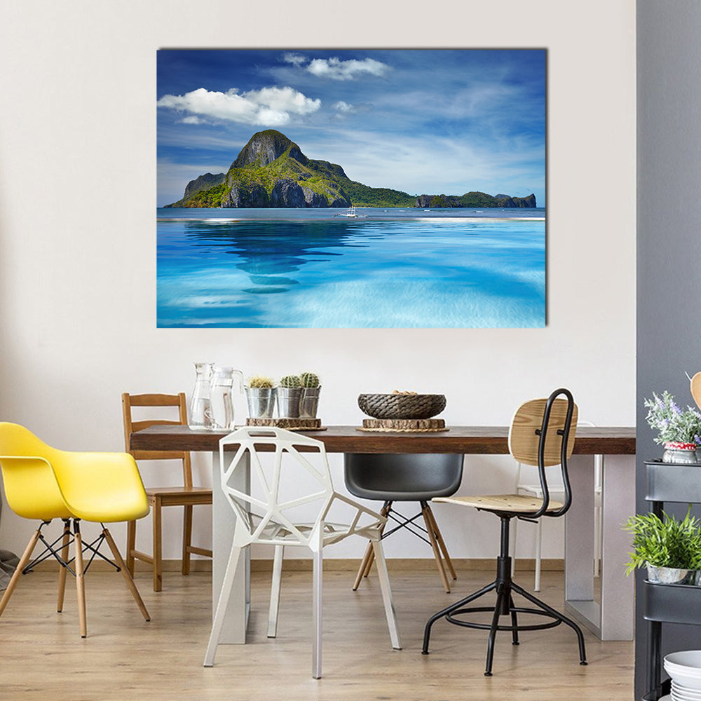 Cadlao Island El Nido Seascape Canvas Wall Art in white, green and blue, single panel hung on a wall