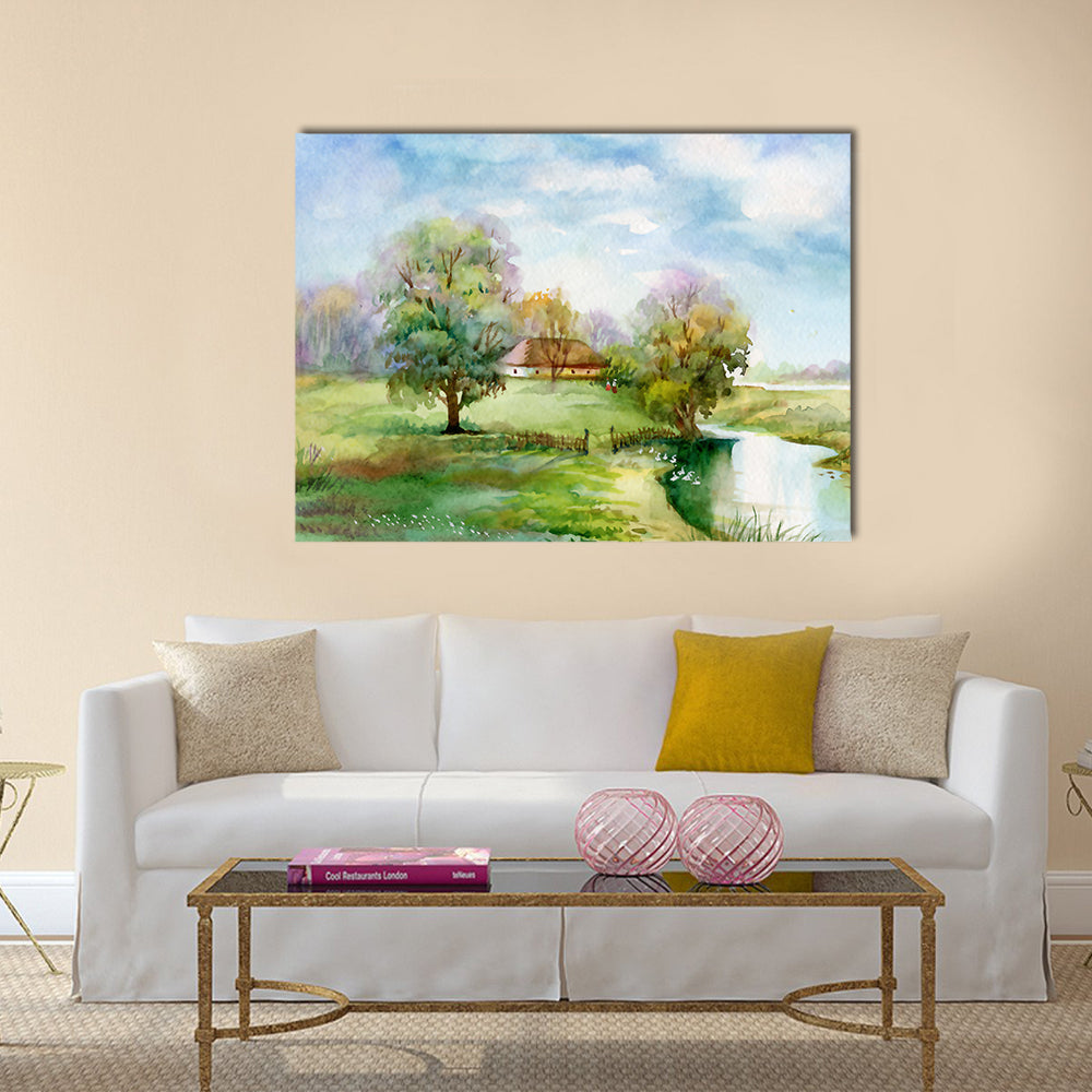 Thatched Cottage Beside Winding River Canvas Wall Art in beige, green and blue, single panel hung on a wall