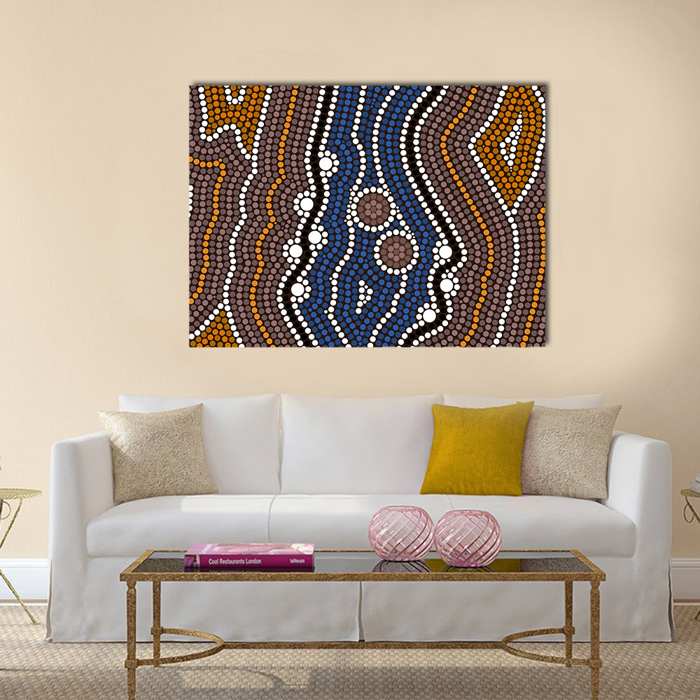 Indigenous Australian River Dot Painting Canvas Wall Art in brown, orange and blue, single panel hung on a wall