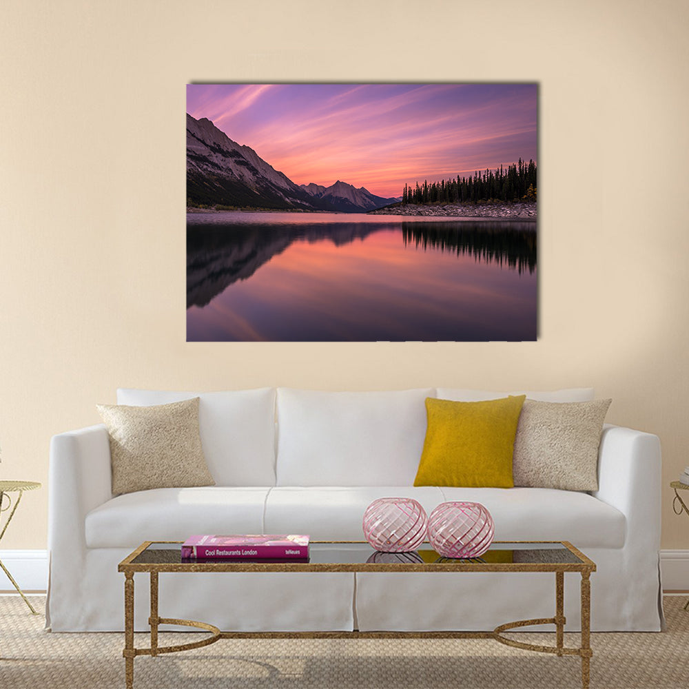 Medicine Lake At Sunset In Canadian Rockies Canvas Wall Art