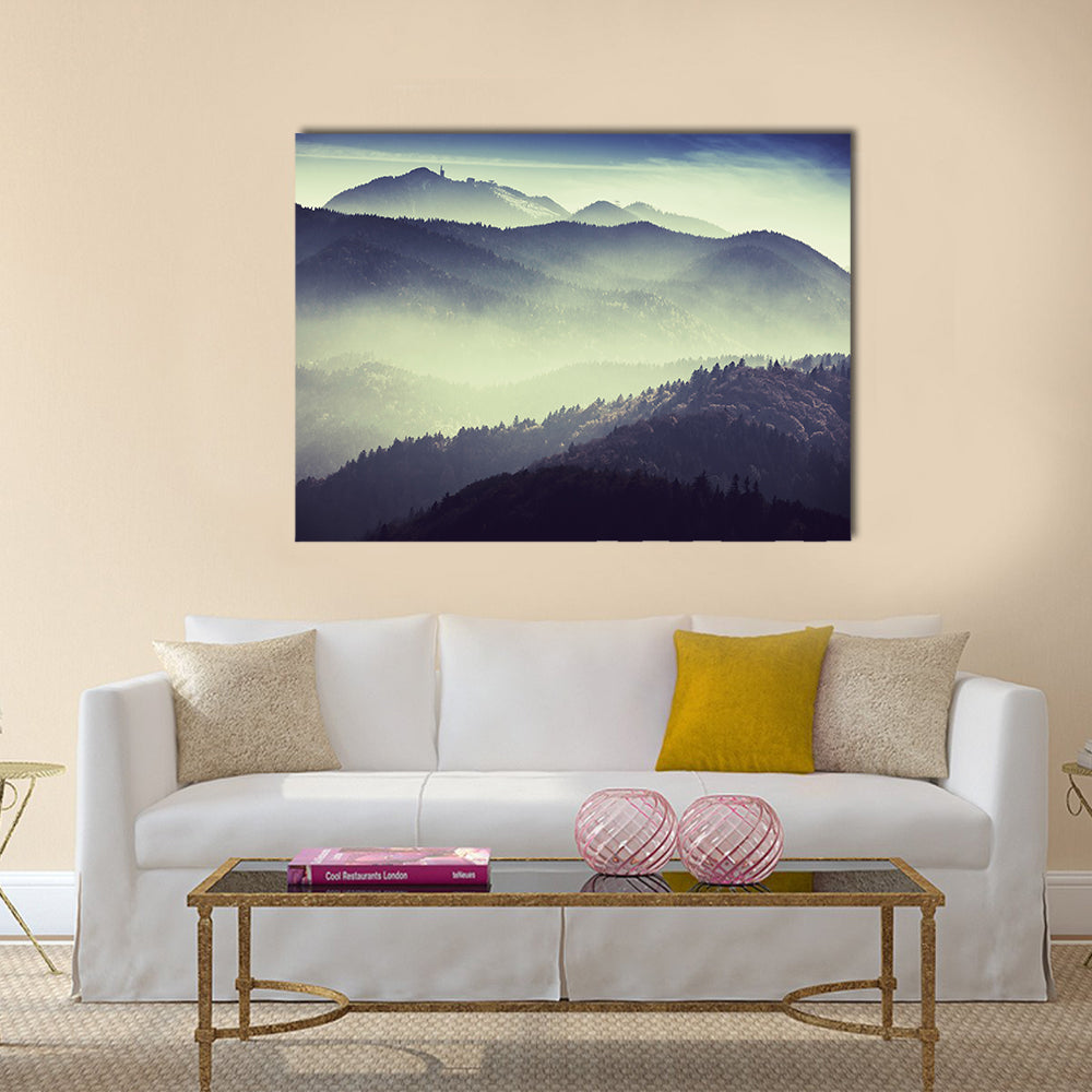 Misty Mountain Valley with Tower Silhouette Canvas Wall Art