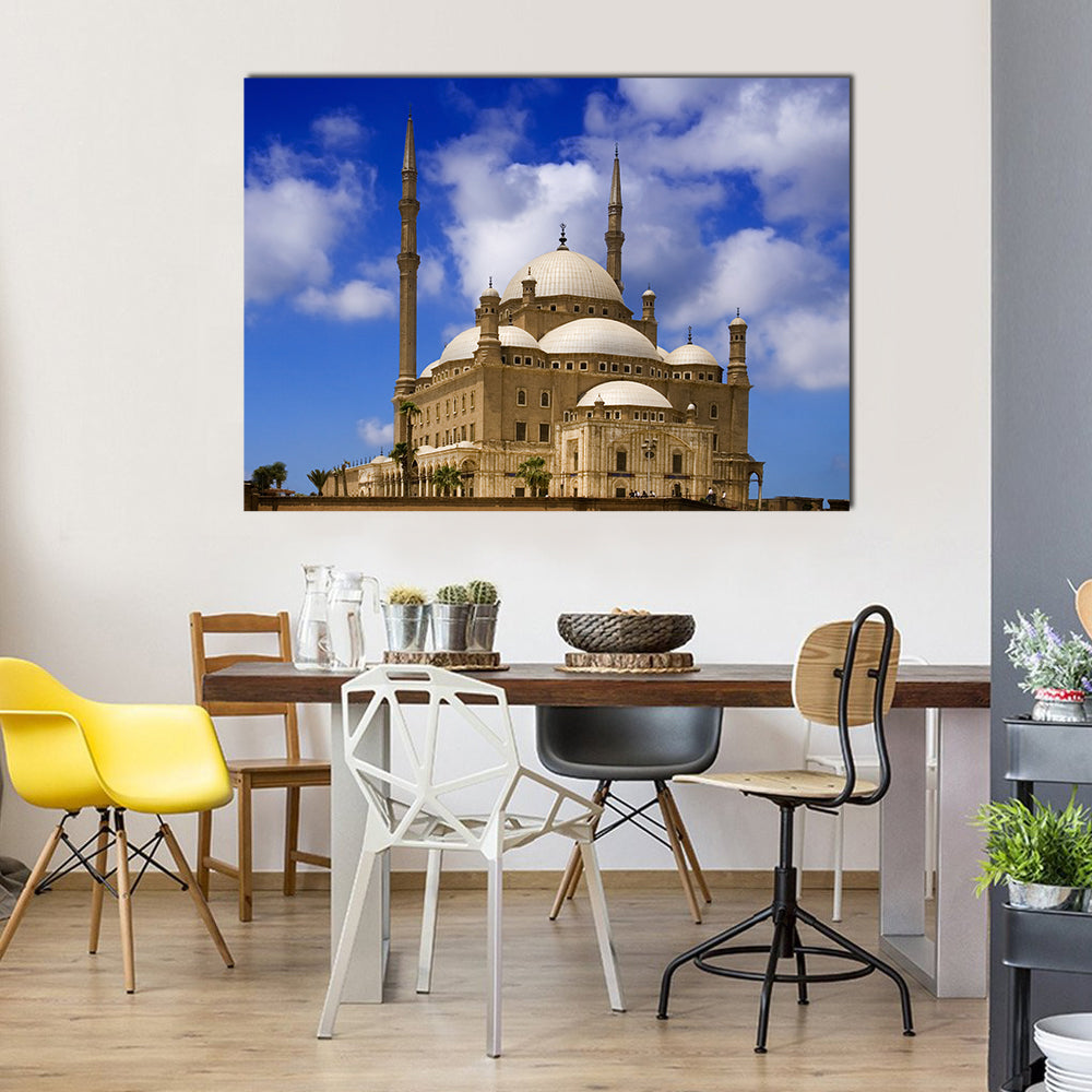 Muhammad Ali Mosque in Cairo Canvas Wall Art in beige, brown and blue, single panel hung on a wall