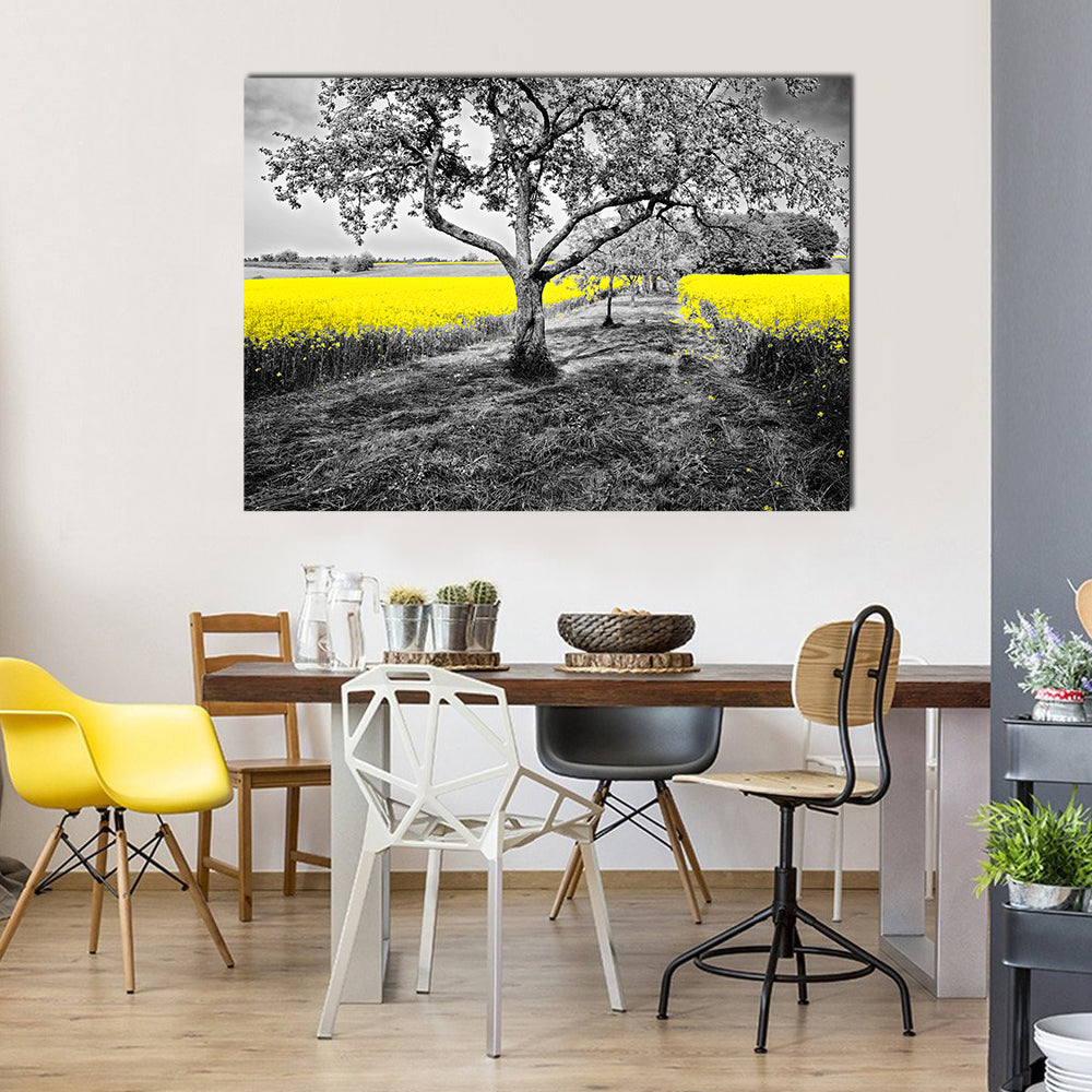Yellow Canola Field with Large Tree and Path Canvas Wall Art in black, gray and yellow, single panel hung on a wall