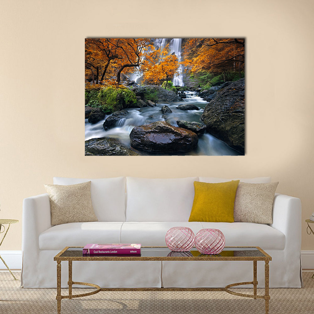 Konglan Waterfall In Kampangpejt Province Thailand Canvas Wall Art in gray, orange and green, single panel hung on a wall