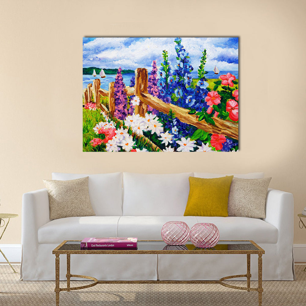 Summer Wildflowers by Split-rail Fence Canvas Wall Art in green, blue and multicolor, single panel hung on a wall