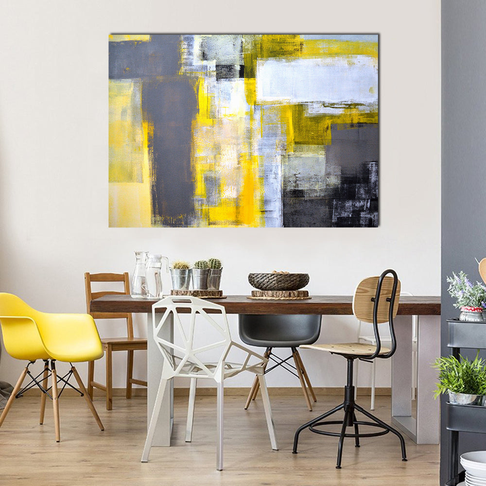 Layered Geometric Abstract with Yellow Bars Canvas Wall Art