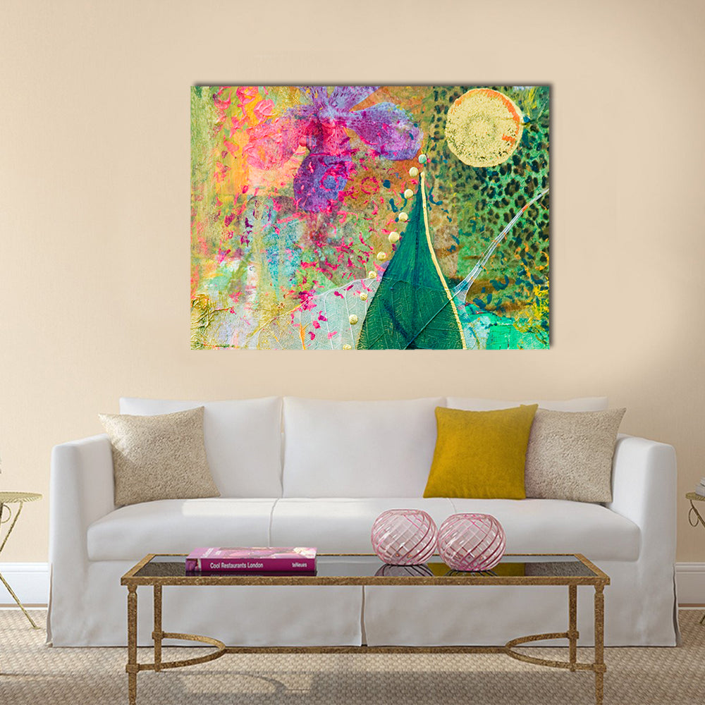 Green Leaf and Purple Orchid Abstract Canvas Wall Art in green, purple and multicolor, single panel hung on a wall