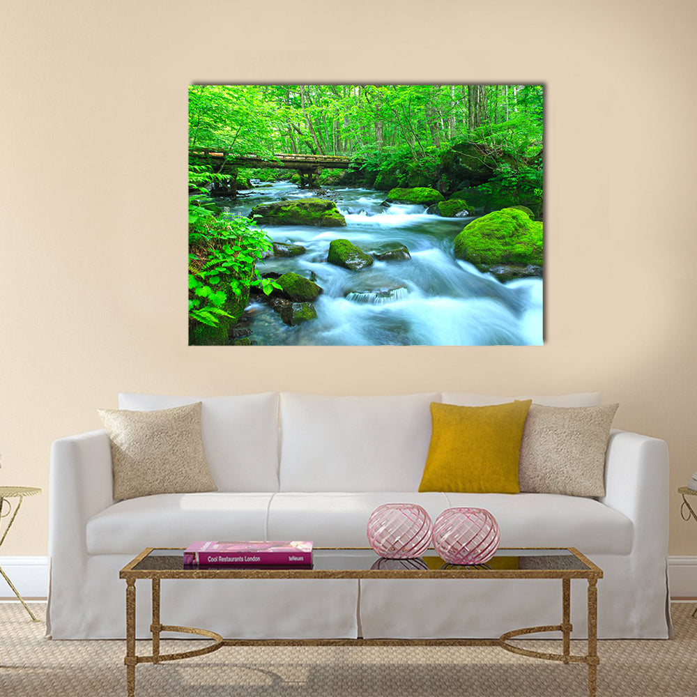 Stream In Spring Forest Canvas Wall Art in white, brown and green, framed print, product view on a white background