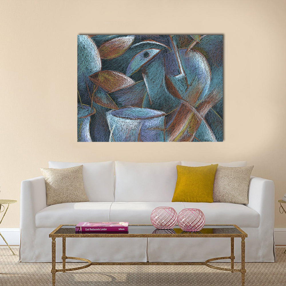 Cubist Pastel Abstract Canvas Wall Art in gray, brown and blue, single panel hung on a wall