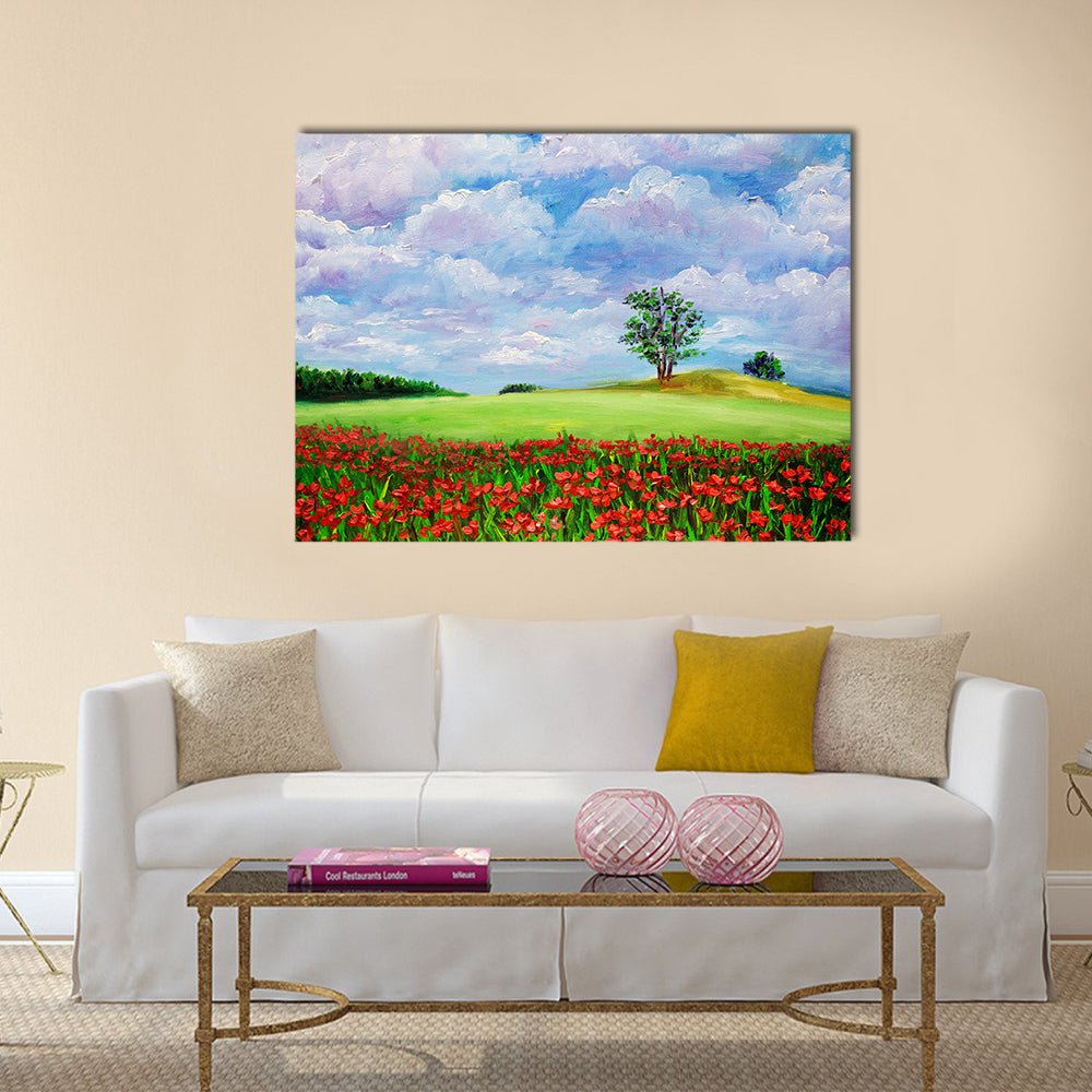 Red Poppy Field Landscape Canvas Wall Art in red, green and blue, single panel hung on a wall