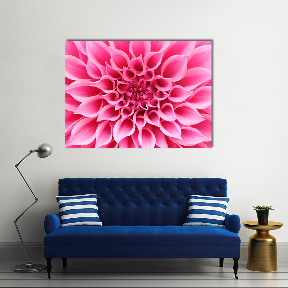 Pink Dahlia Flower Canvas Wall Art in pink, single panel hung on a wall