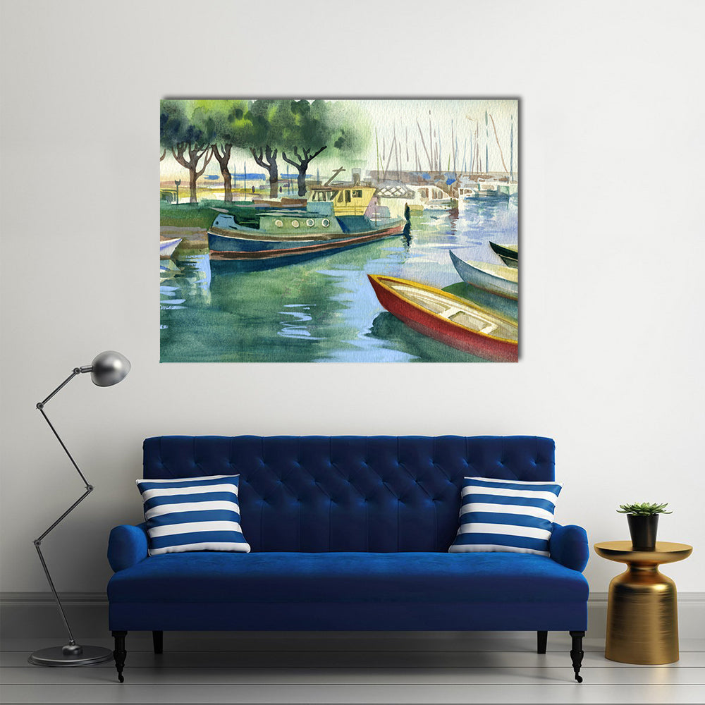 Watercolor Boats Canal Canvas Wall Art