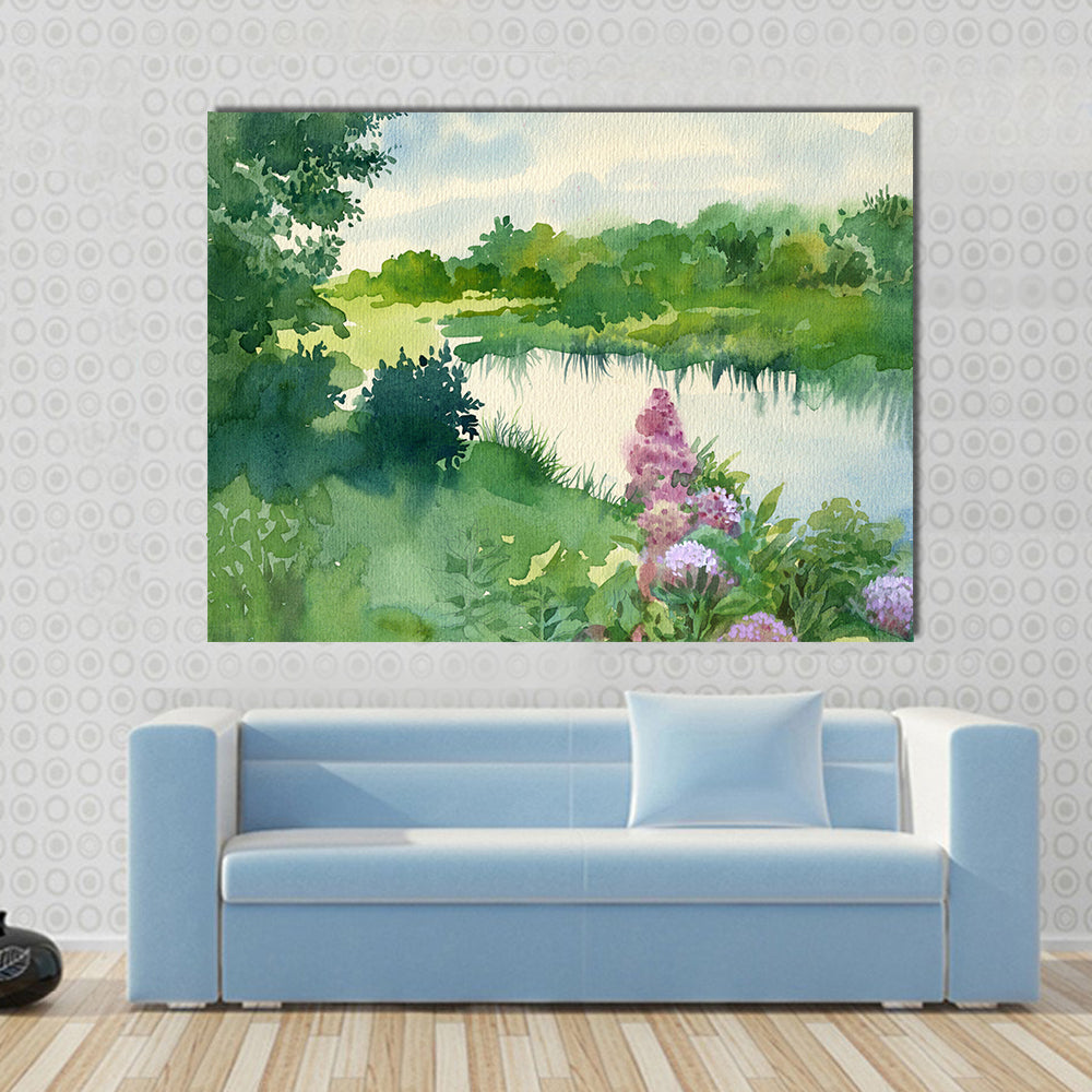 Watercolor River Landscape with Wildflowers Canvas Wall Art in green and blue, single panel hung on a wall