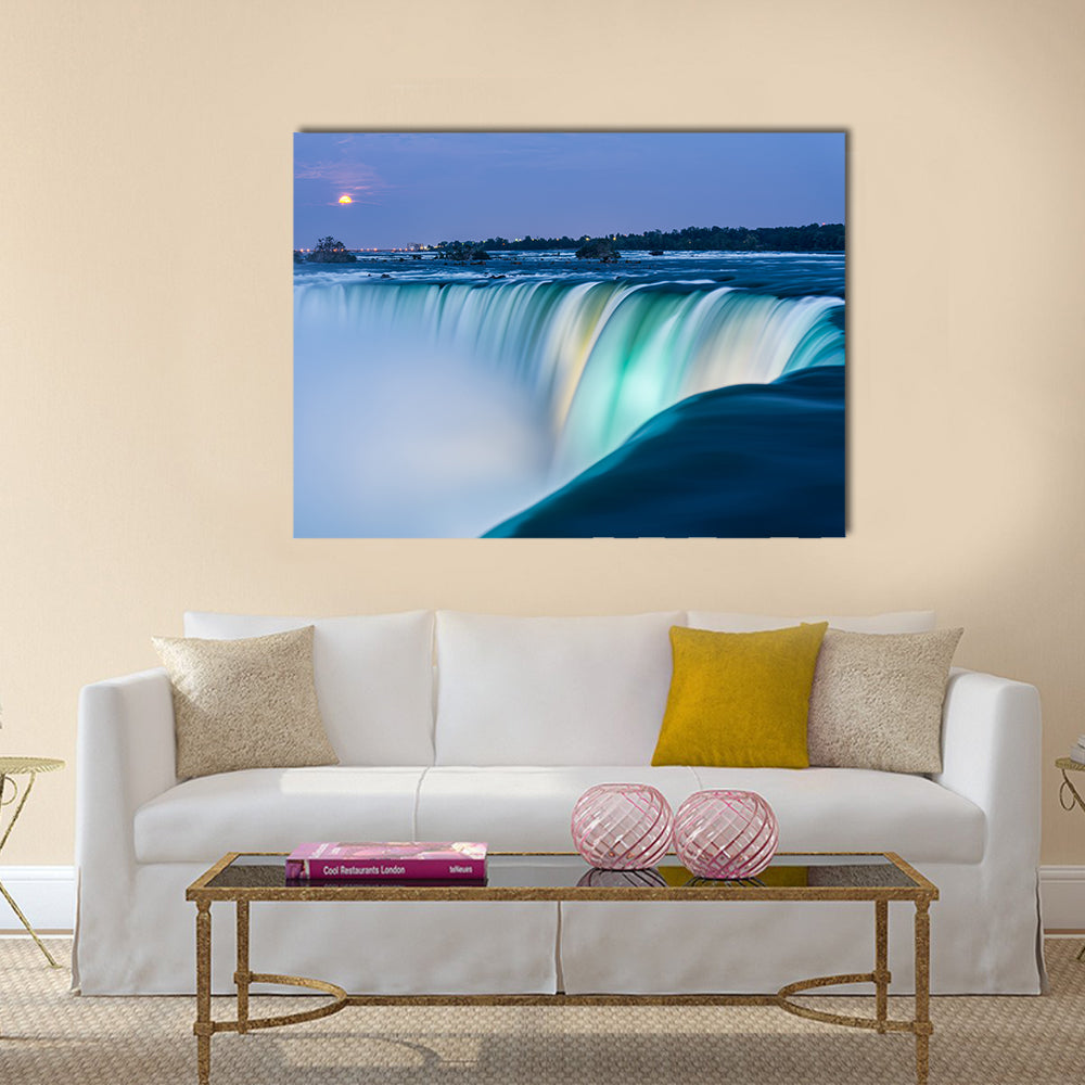 Dusk At Niagara Falls Canvas Wall Art in white, green and blue, single panel hung on a wall