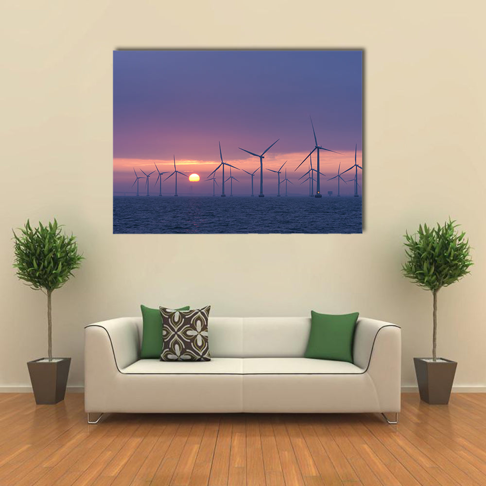Lillgrund Offshore Wind Farm At Daybrake Canvas Wall Art in orange, blue and purple, single panel hung on a wall