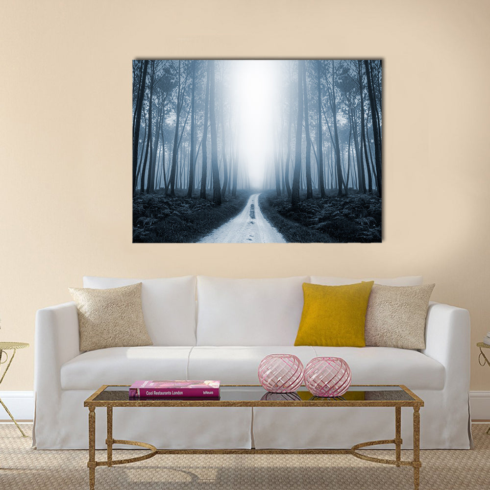 Scary Misty Road In The Forest Canvas Wall Art