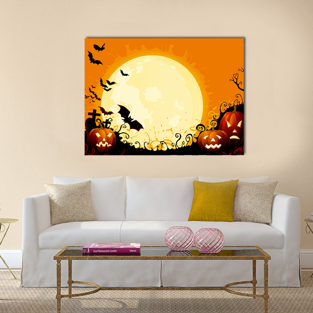 Jack-o'-lanterns Under Full Moon Canvas Wall Art in black, orange and yellow, single panel hung on a wall