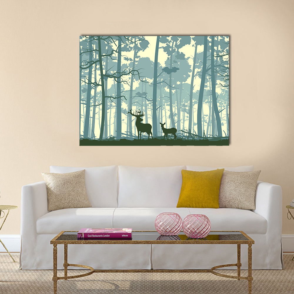 Wild Deer in Forest Canvas Wall Art in beige, yellow and green, single panel hung on a wall