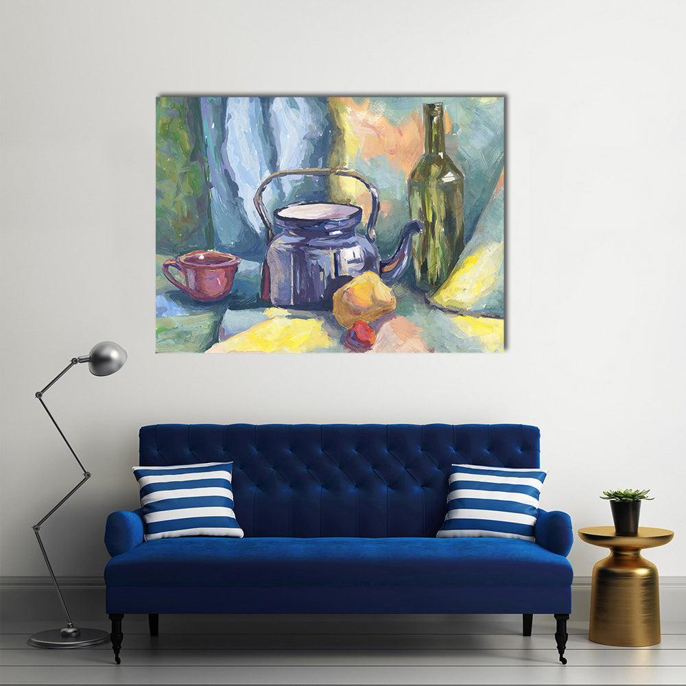 Dark Blue Kettle and Lemon Still Life Canvas Wall Art